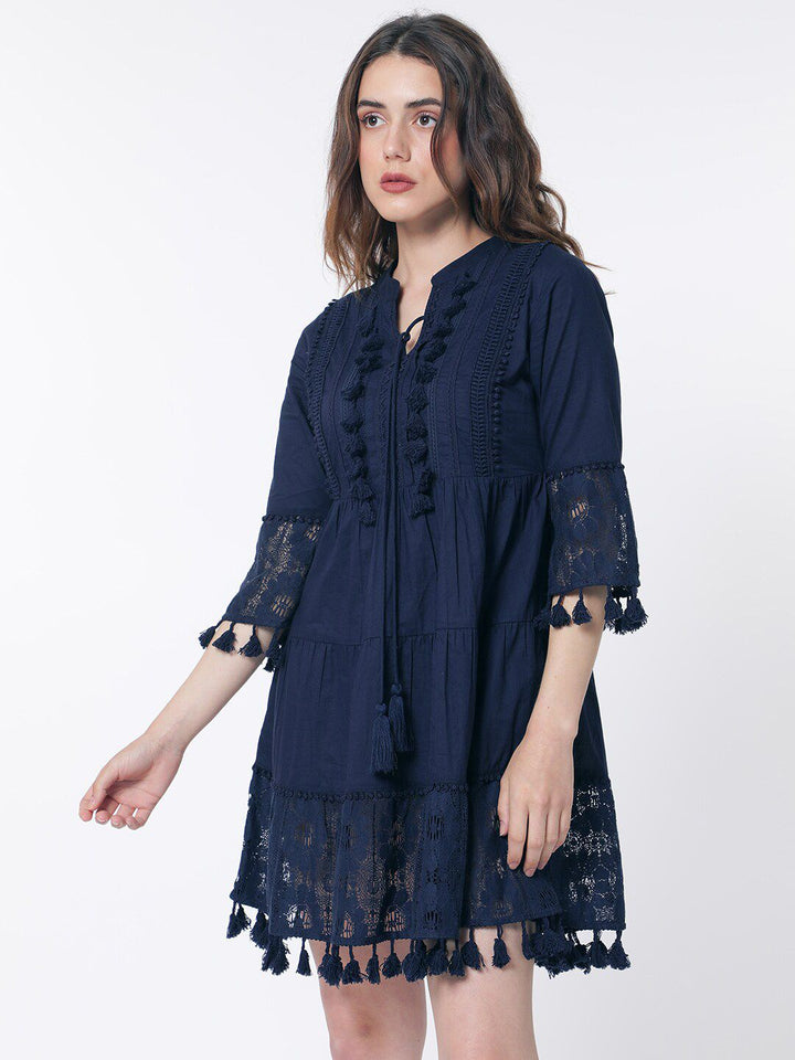 RAREISM Band Collar Bell Sleeve Tie-Up Detail Cotton Fit & Flare Dress