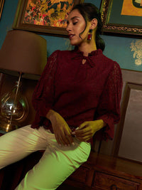 Athena Burgundy Tie-Up Neck Lace Top
