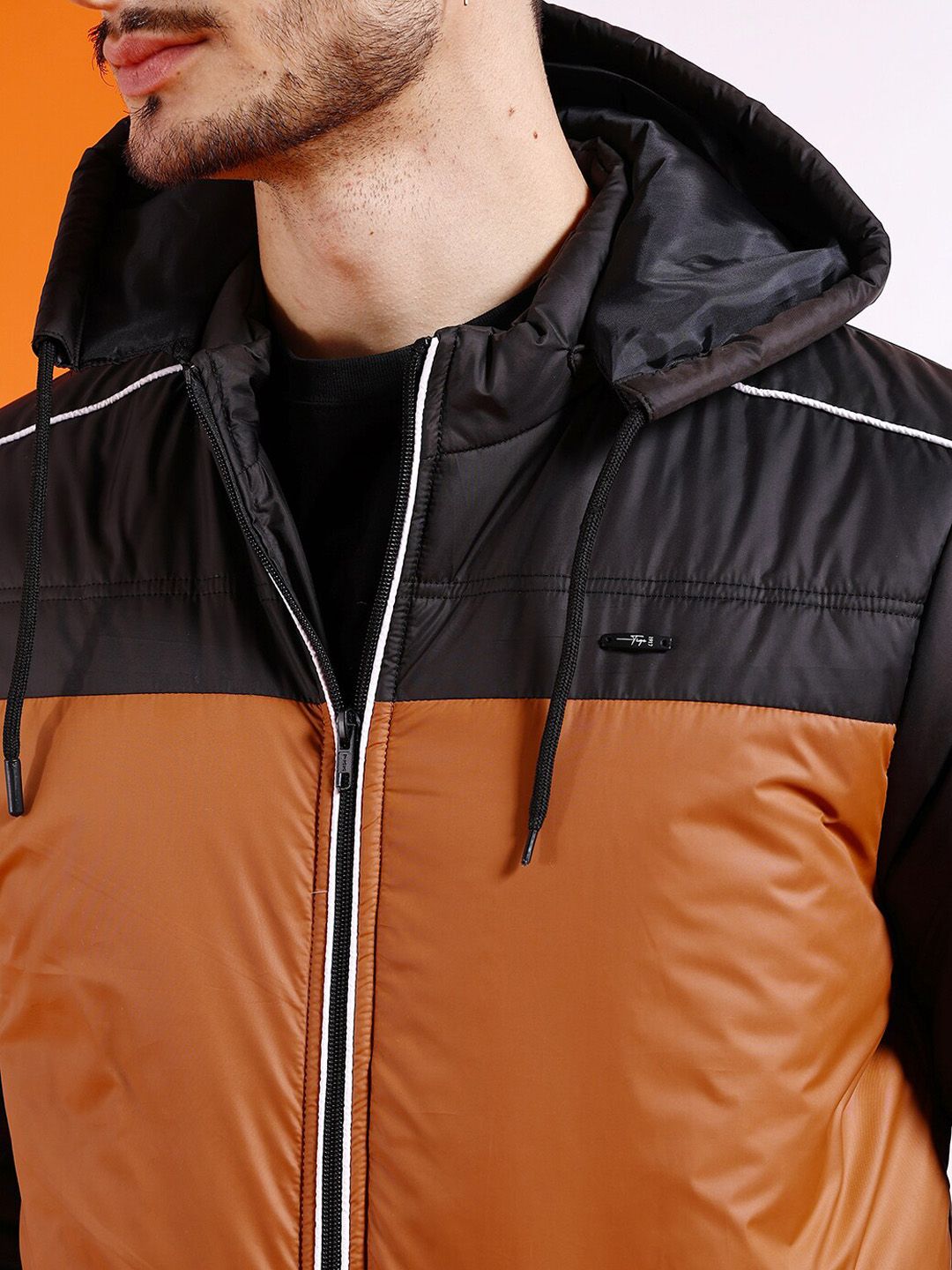The Indian Garage Co Men Tan Colourblocked Outdoor Padded Jacket with Patchwork