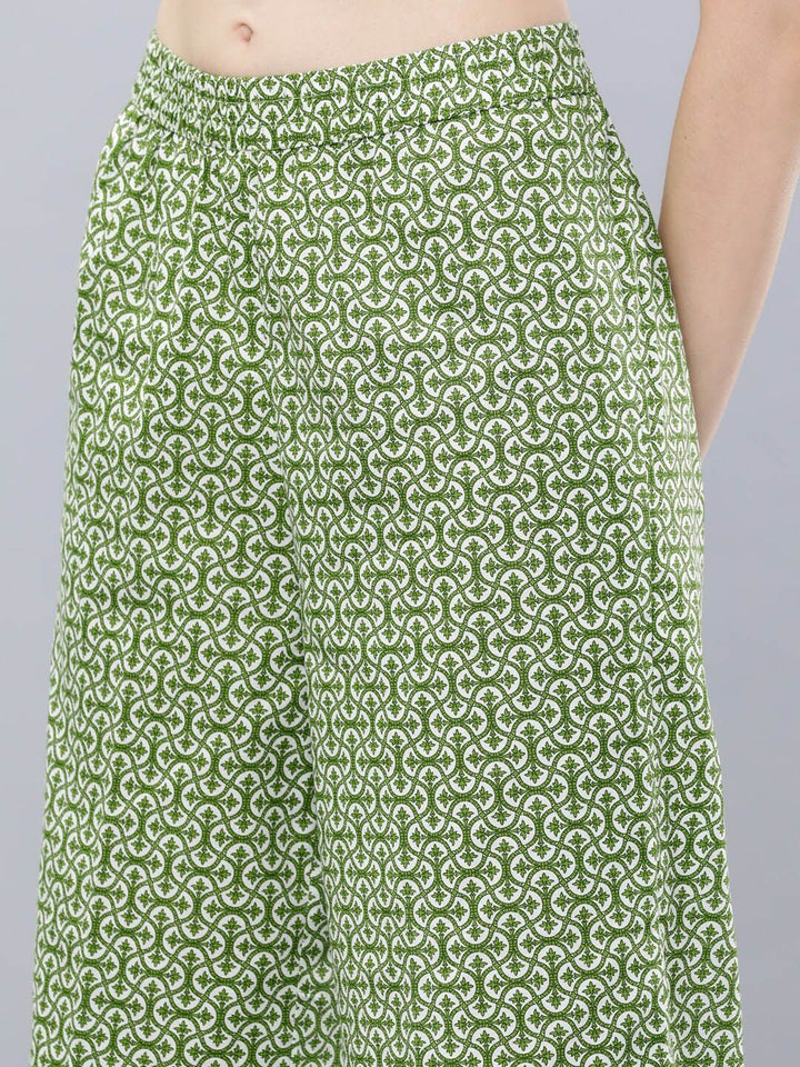 Vishudh Women Green & White Printed Kurti with Palazzos & Dupatta