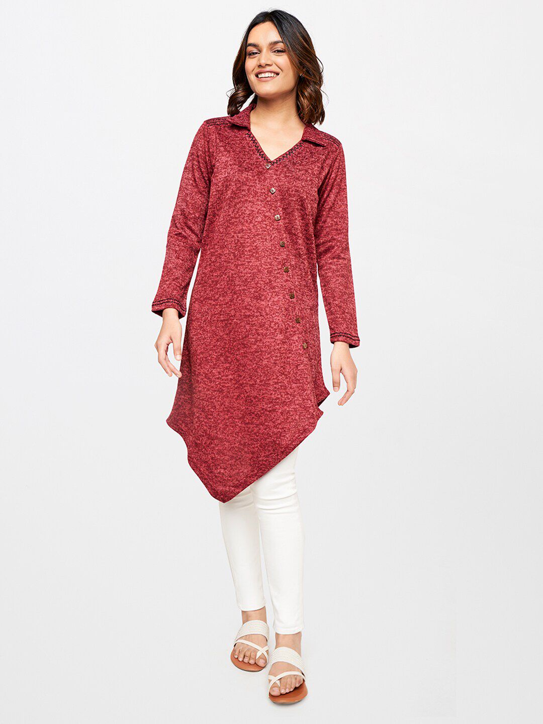Global Desi Women Maroon Solid Shirt Collar Long Sleeves Tunic