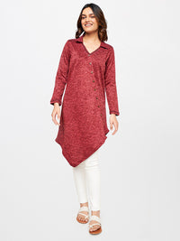 Global Desi Women Maroon Solid Shirt Collar Long Sleeves Tunic
