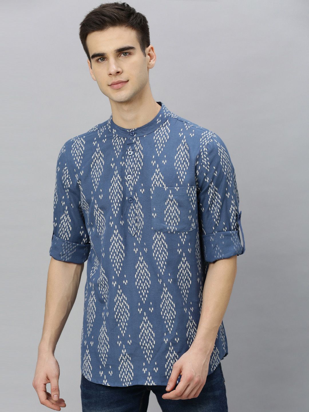 Anouk Men Navy Blue & Off-White Printed Straight Short Kurta