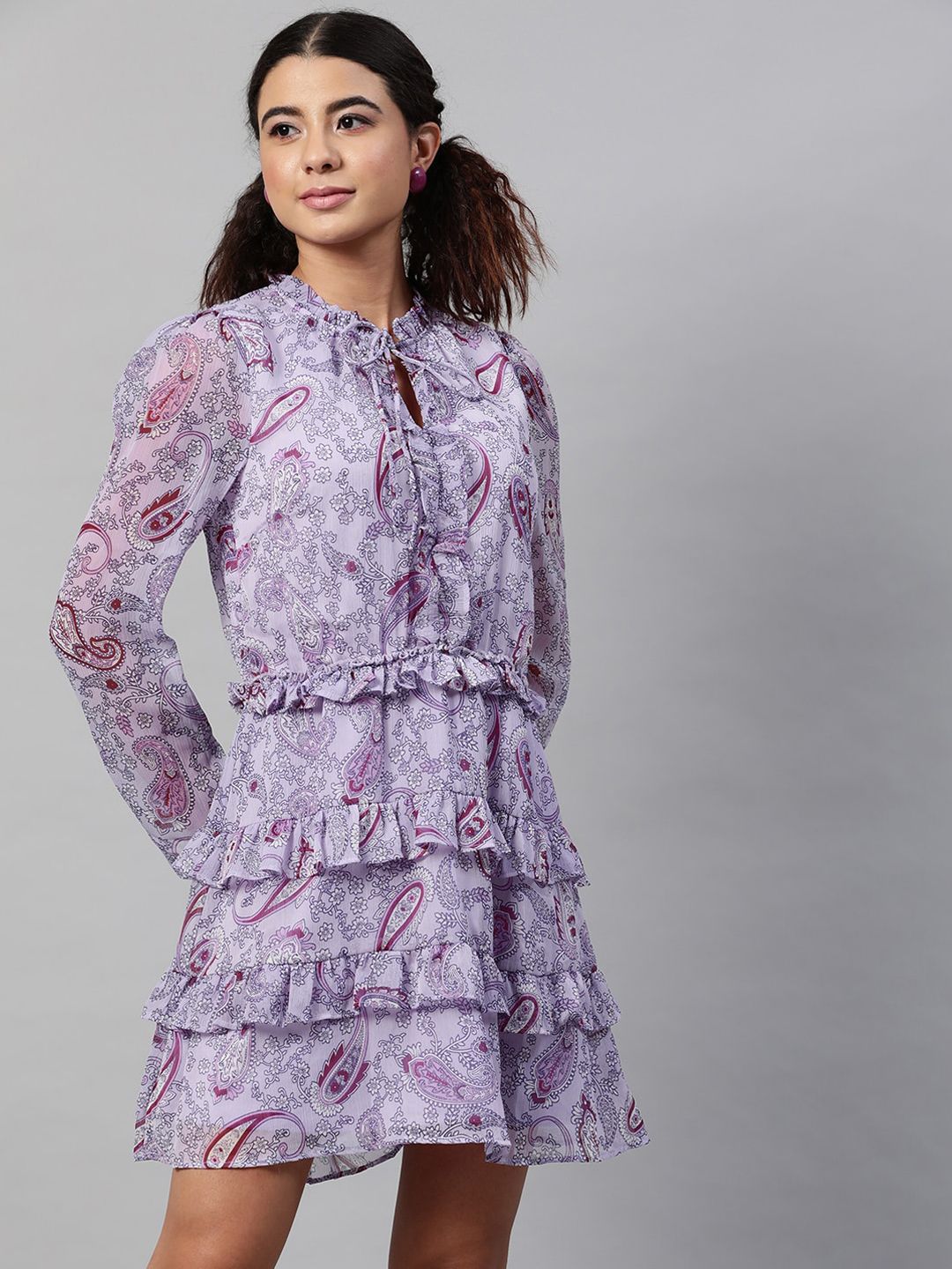 STREET 9 Woman Lavender Floral Tie-Up Neck Shirt Dress