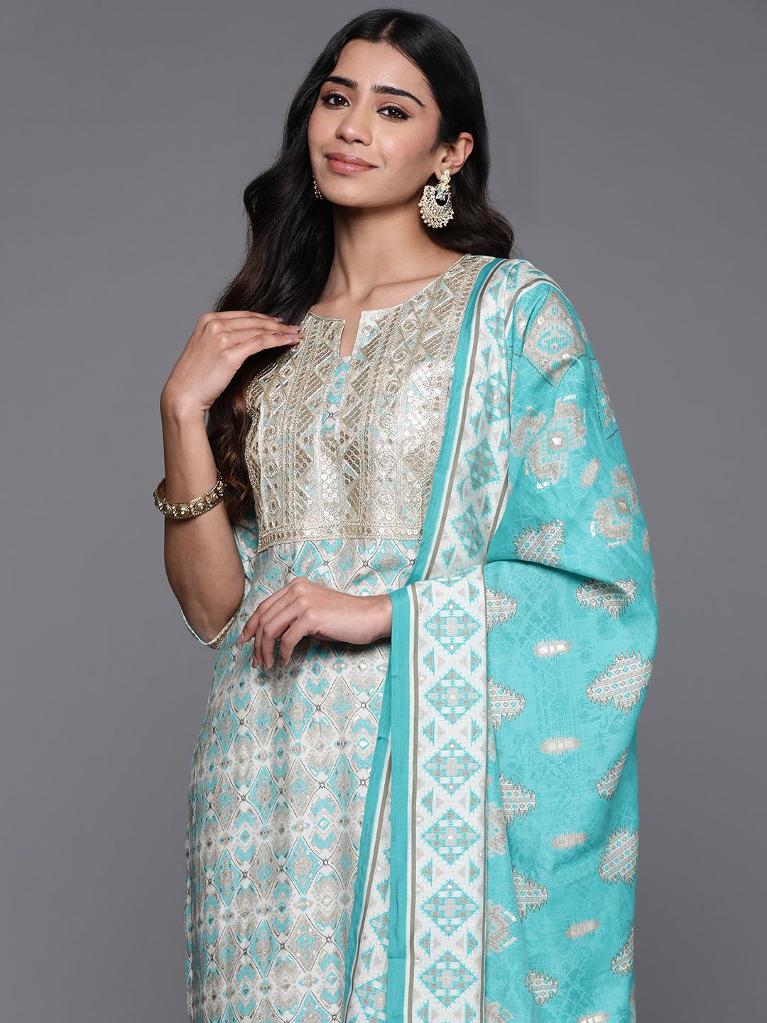 Libas Ethnic Motifs Printed Regular Sequinned Kurta with Palazzos & Dupatta