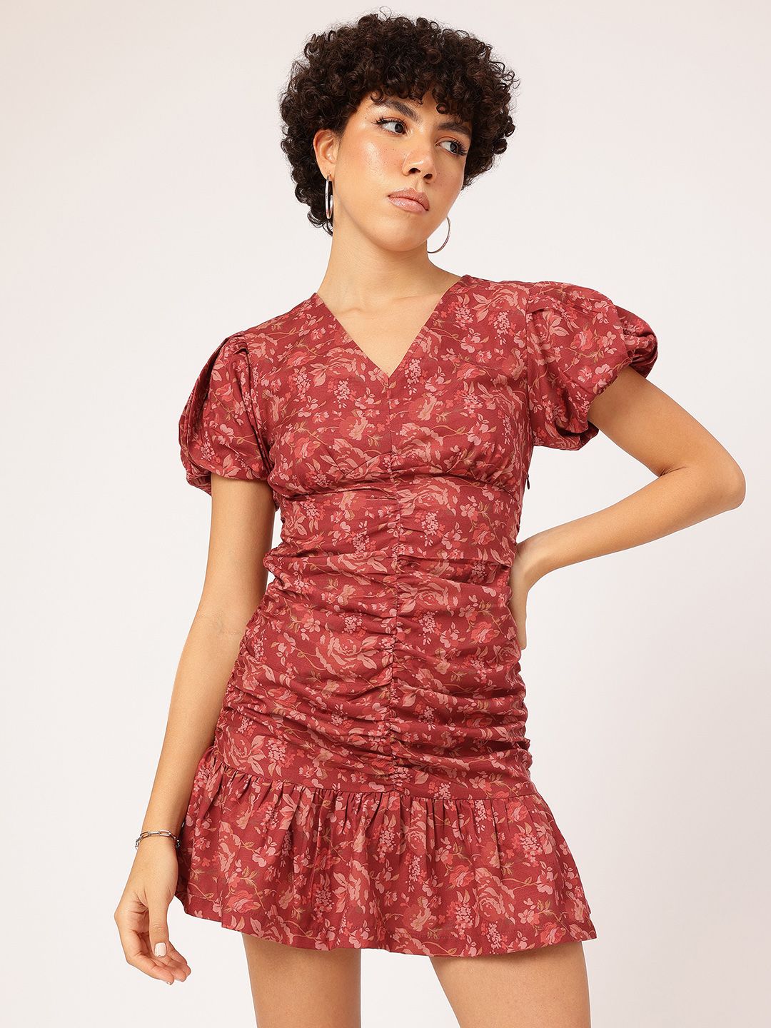 DressBerry Terracotta Tones Floral Femme Ruched Mini Dress