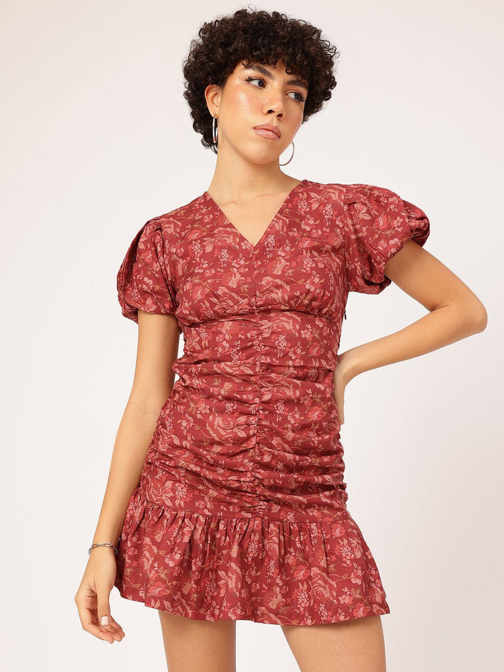 DressBerry Terracotta Tones Floral Femme Ruched Mini Dress