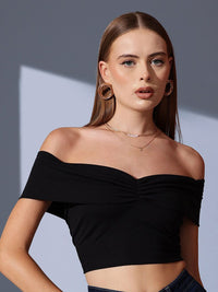 STREET 9 Off-Shoulder Solid Crop Bardot Top