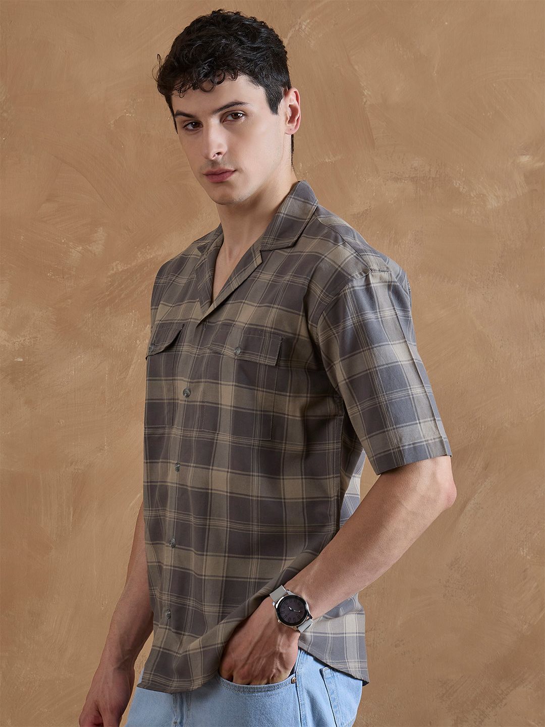 DENNISON Men Comfort Relaxed Fit Checked Dual Flap Pocket Cotton Shirt