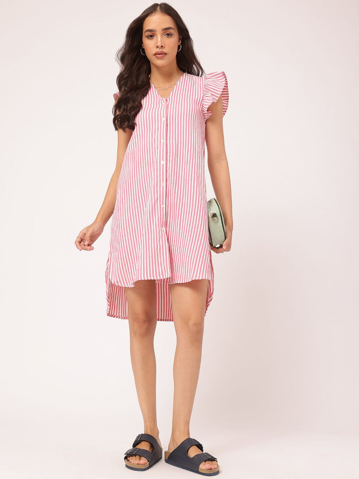 DressBerry Rich Textures Ruffled Trim High Low Striped Shirt Dress