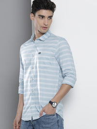 The Indian Garage Co Men Blue & White Classic Slim Fit Striped Casual Shirt