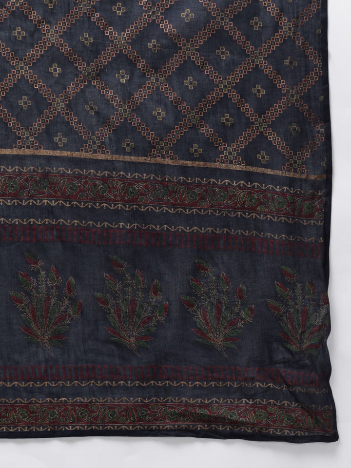 Indo Era Women Navy Blue & Silver Sequin Stripes Kurta with Trousers & Dupatta