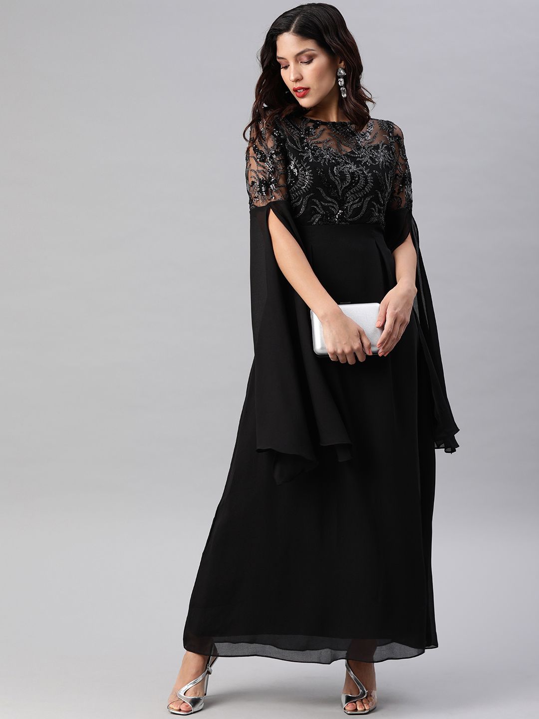 Athena Black Embellished Slit Sleeves Maxi Dress