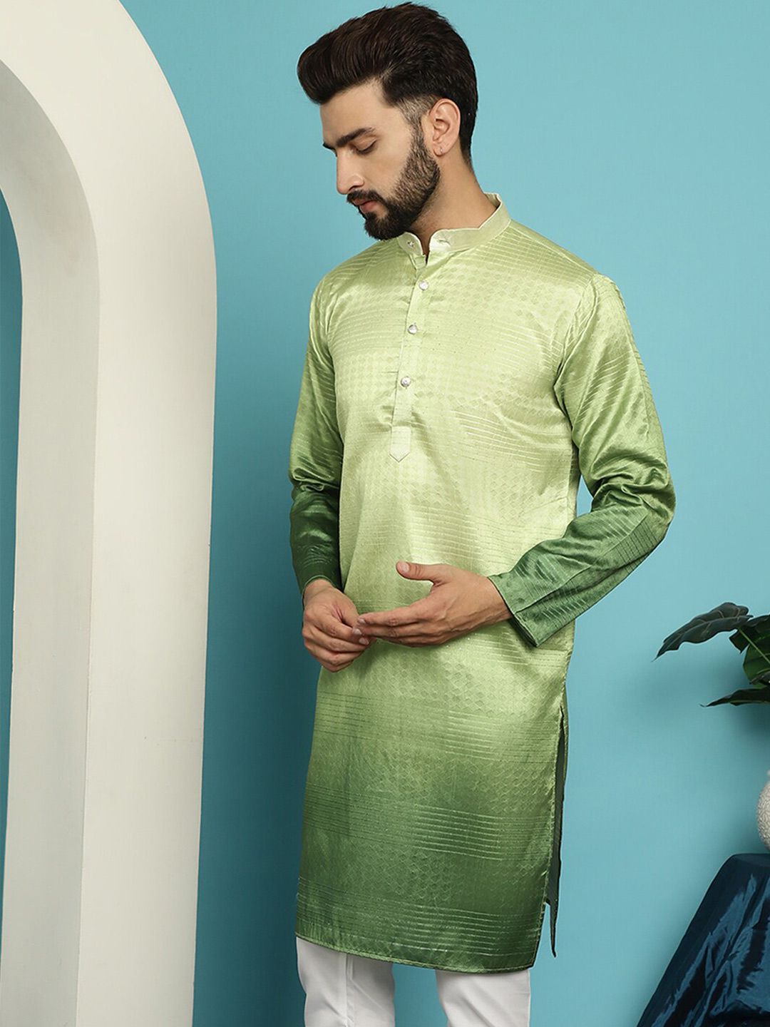 SOJANYA Motif Etnik Rekaan Tenunan Jacquard Mandarin Collar Straight Kurta