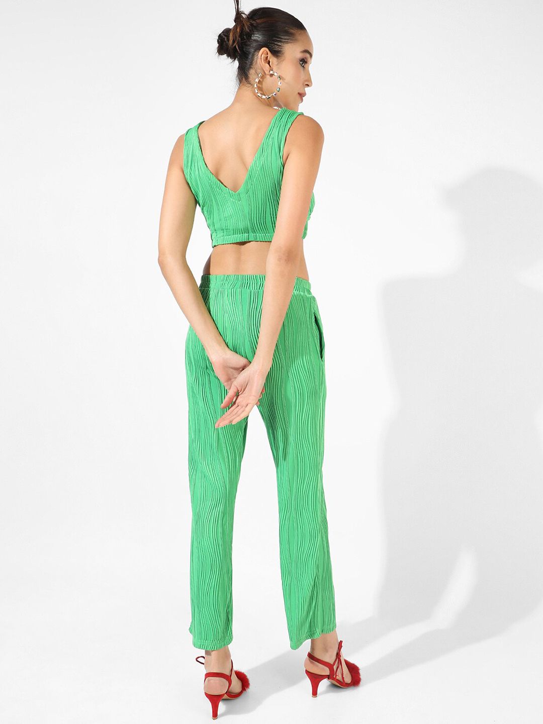Campus Sutra Green Textured Top & Trousers