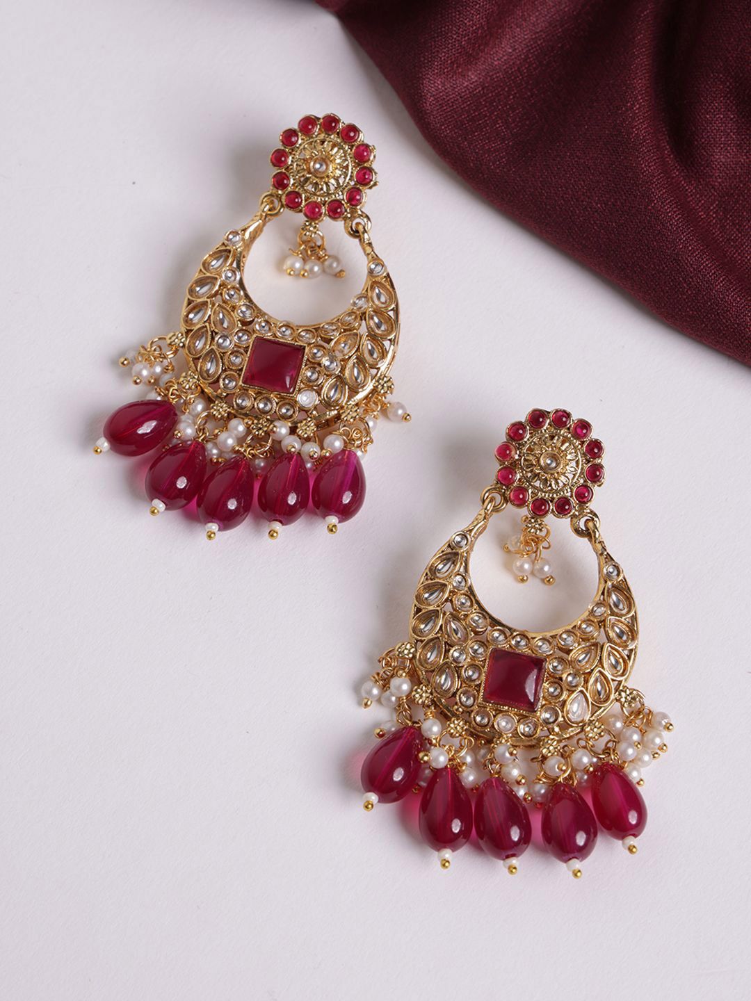 PANASH Gold-Plated Contemporary Stone Studded & Beaded Drop Earrings
