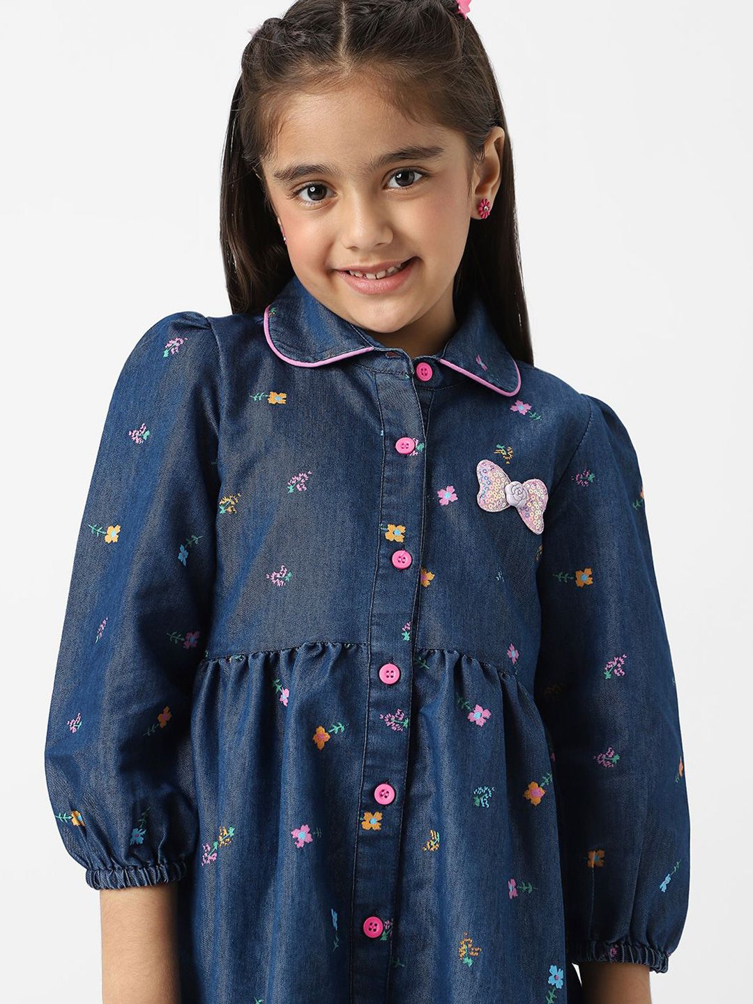 Nauti Nati  Girl Denim Shirt Dress With Puff Sleeves