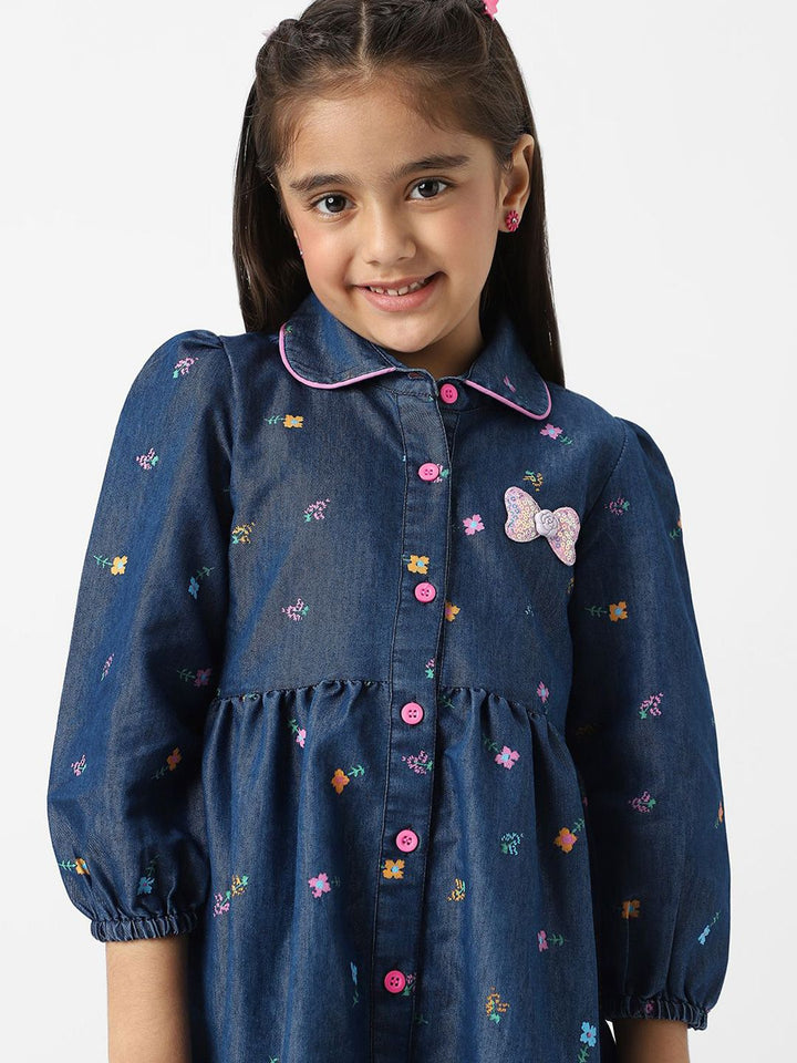 Nauti Nati  Girl Denim Shirt Dress With Puff Sleeves