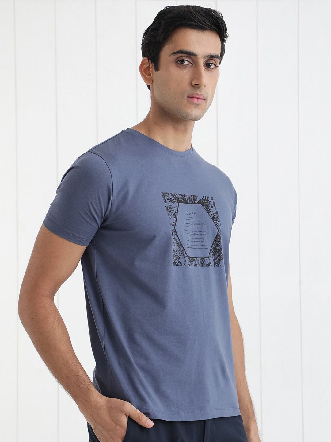 RARE RABBIT Men Creswen Round Neck Graphic Printed Slim Fit Cotton T-Shirt