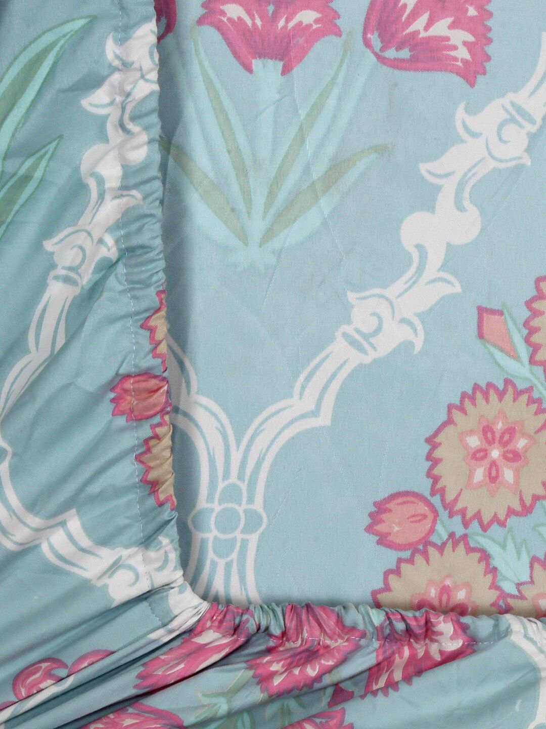 KLOTTHE Unisex Floral Blue 300 TC Fitted Double Bedsheet with 2 Pillow covers