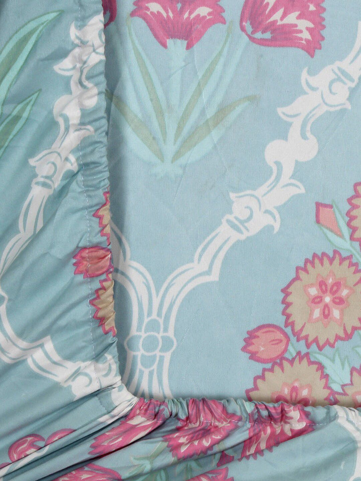 KLOTTHE Unisex Floral Blue 300 TC Fitted Double Bedsheet with 2 Pillow covers