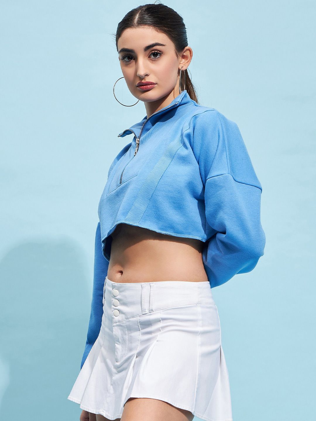 STREET 9 Blue Mock Collar Pure Cotton Crop Sweatshirt
