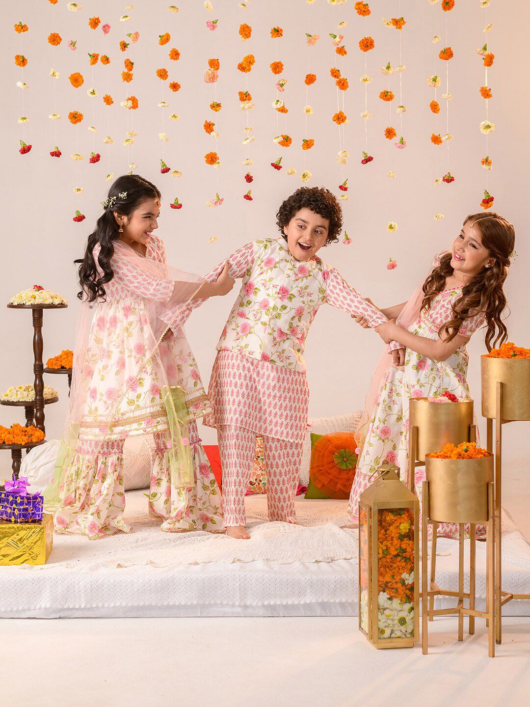 pspeaches Girls Floral Printed Angrakha Gotta Patti Cotton Kurti With Sharara & Dupatta