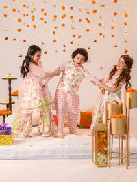 pspeaches Girls Floral Printed Angrakha Gotta Patti Cotton Kurti With Sharara & Dupatta