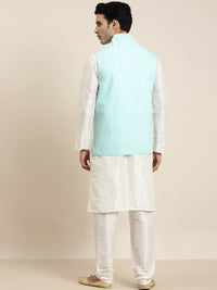 SOJANYA Men Off-White & Blue Solid Kurta with Pyjamas & Nehru Jacket
