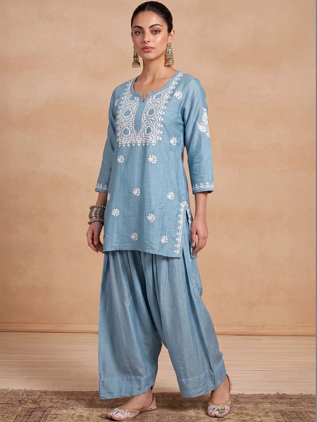 House of Chikankari Women Ethnic Motifs Embroidered Regular Thread Work Kurta with Patiala