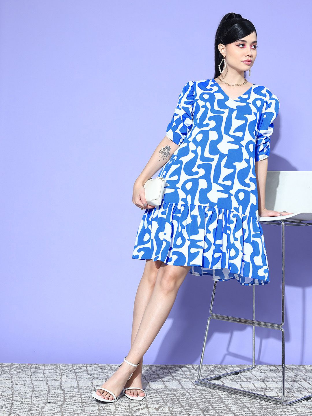 Antheaa Printed Puff Sleeve Crepe A-Line Dress
