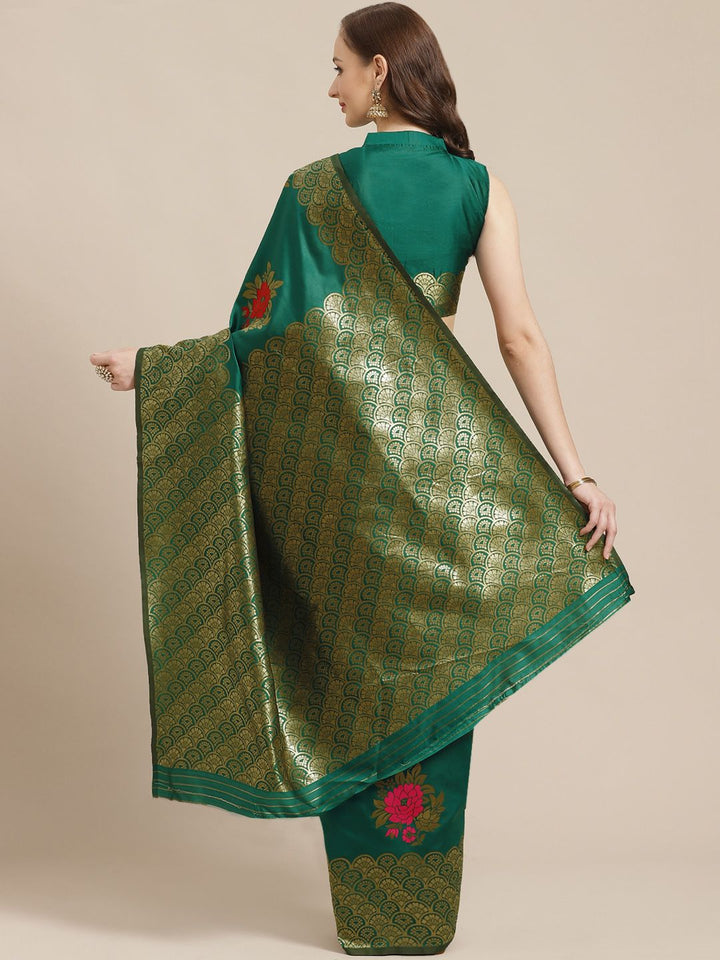 Saree mall Green & Golden Floral Woven Design Banarasi Saree