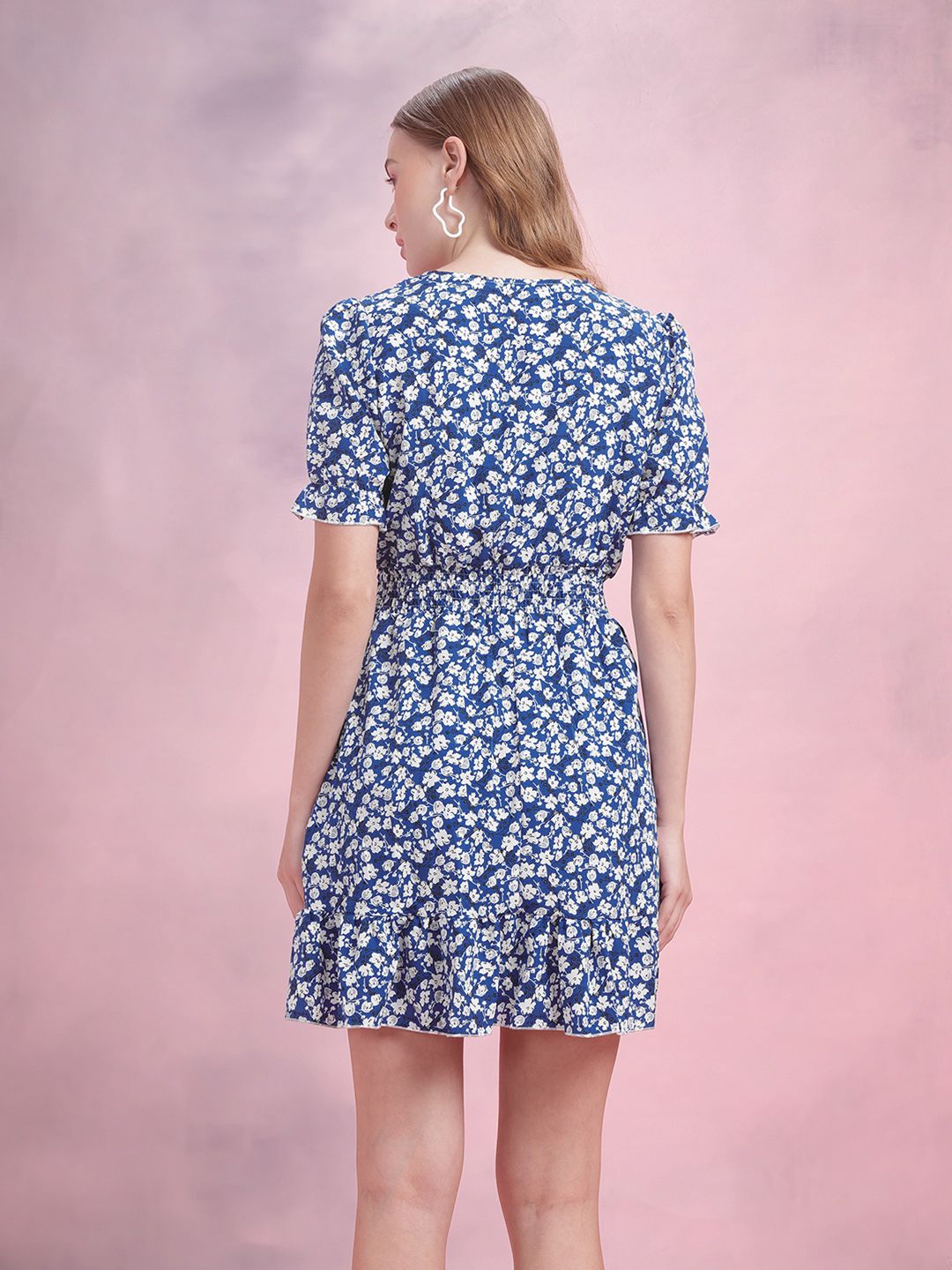 DressBerry Floral Print Smocked Puff Sleeves A-Line Mini Dress with Buttons