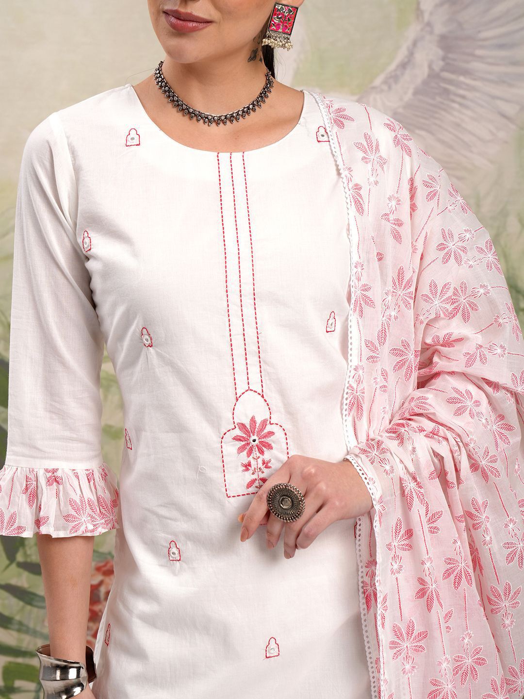 Vishudh Embroidered Regular Thread Work Pure Cotton Kurta with Trouser & Dupatta