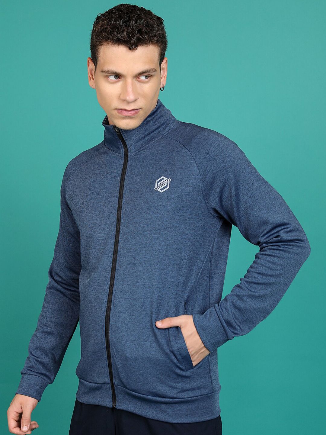 HIGHLANDER Navy Blue Mock Collar Front-Open Sweatshirt