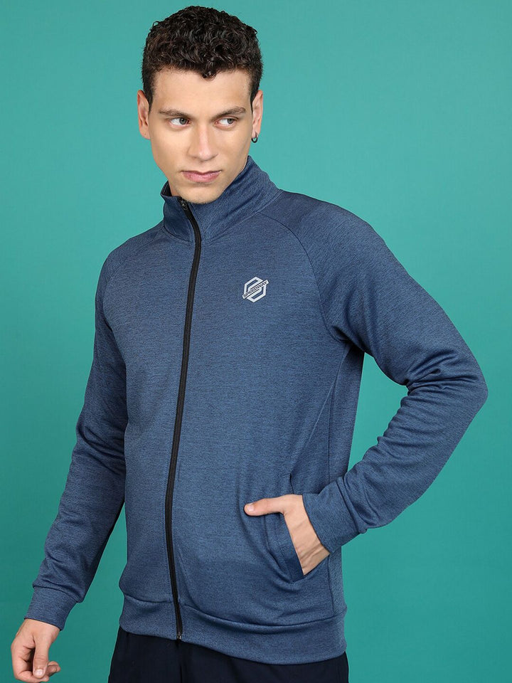 HIGHLANDER Navy Blue Mock Collar Front-Open Sweatshirt