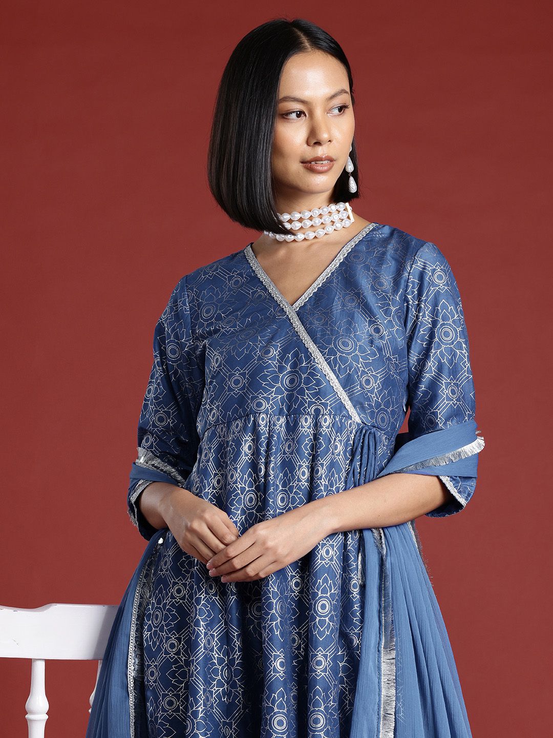 all about you Block Print Wrap Midi Ethnic Dress with Dupatta