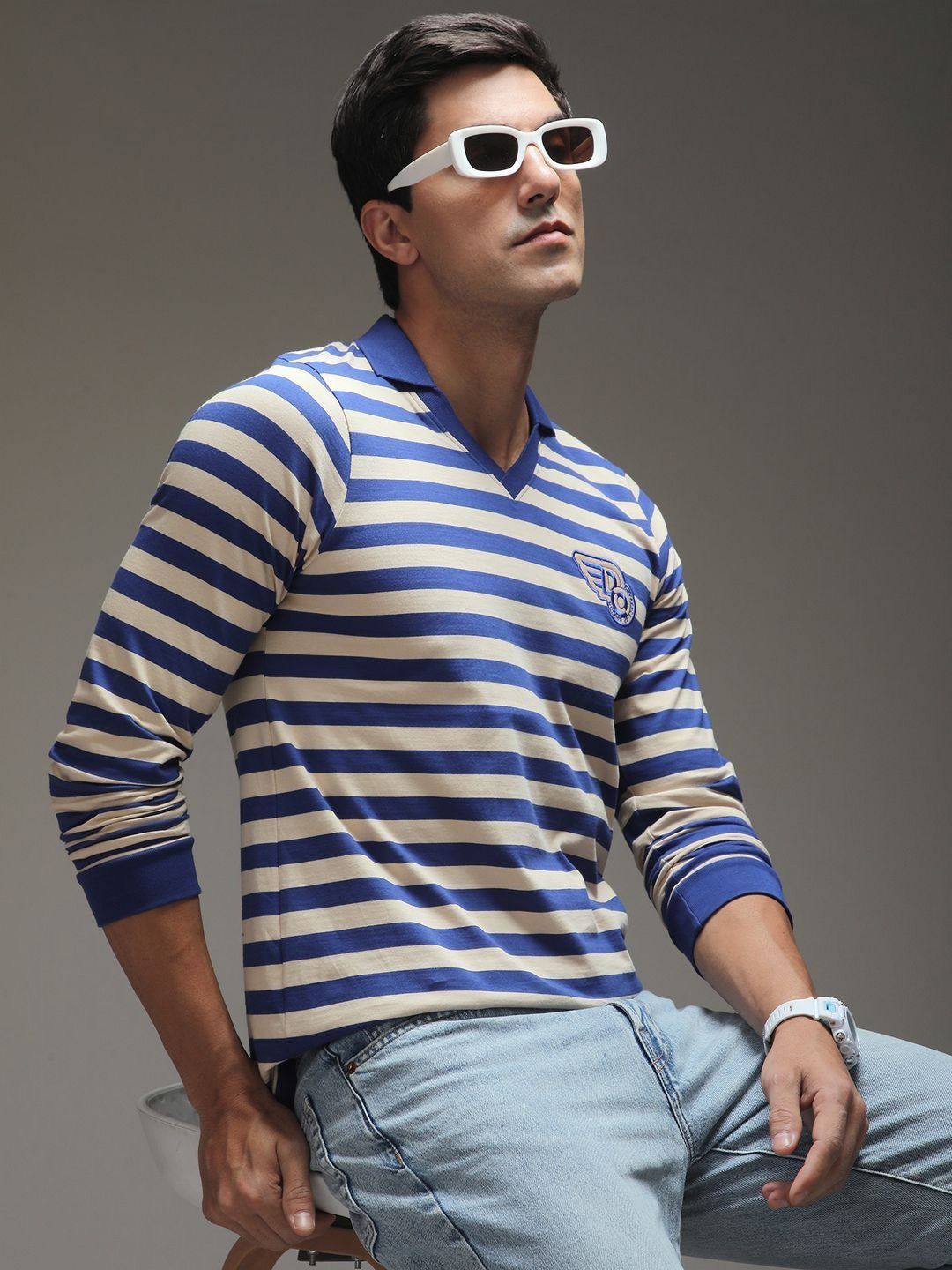 Difference of Opinion Men Striped Polo Collar Cotton T-shirt