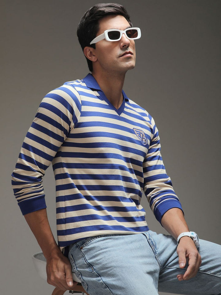 Difference of Opinion Men Striped Polo Collar Cotton T-shirt