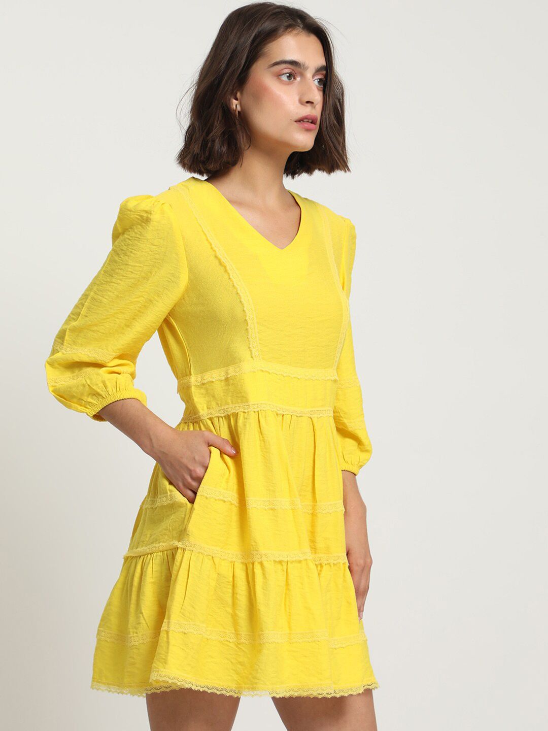 RAREISM V-Neck Puff Sleeves Lace Inserts Cotton Fit & Flare Dress