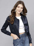 STREET 9 Women Blue Solid Satin Bomber Jacket