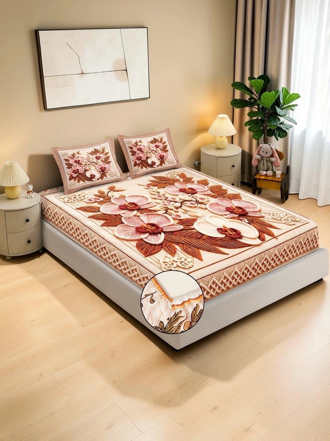 KLOTTHE Multicoloured Floral 400 TC King Bedsheet with 2 Pillow Covers
