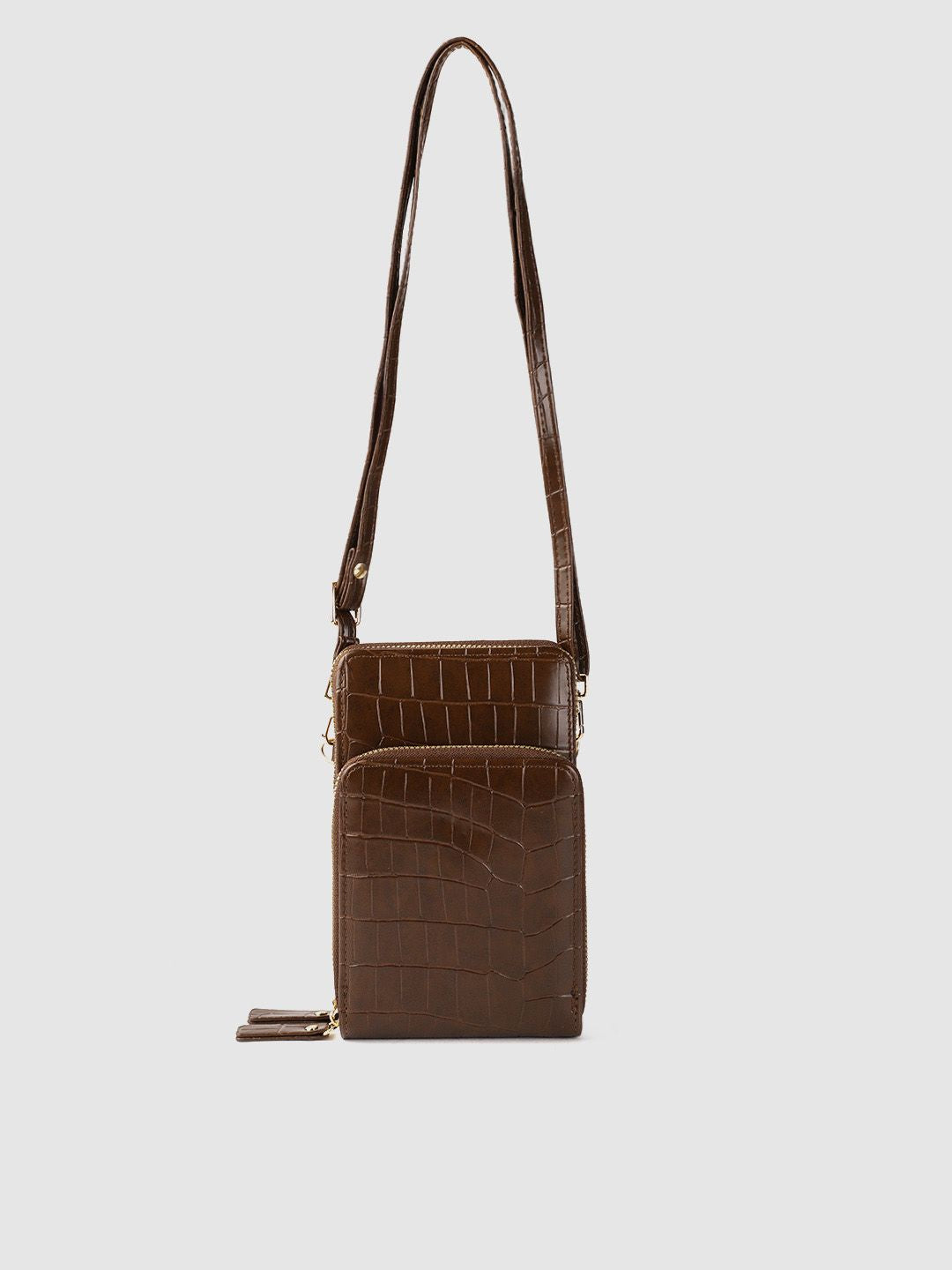Lino Perros Coffee Brown Croc Textured Structured Sling Bag with Detachable Sling Strap