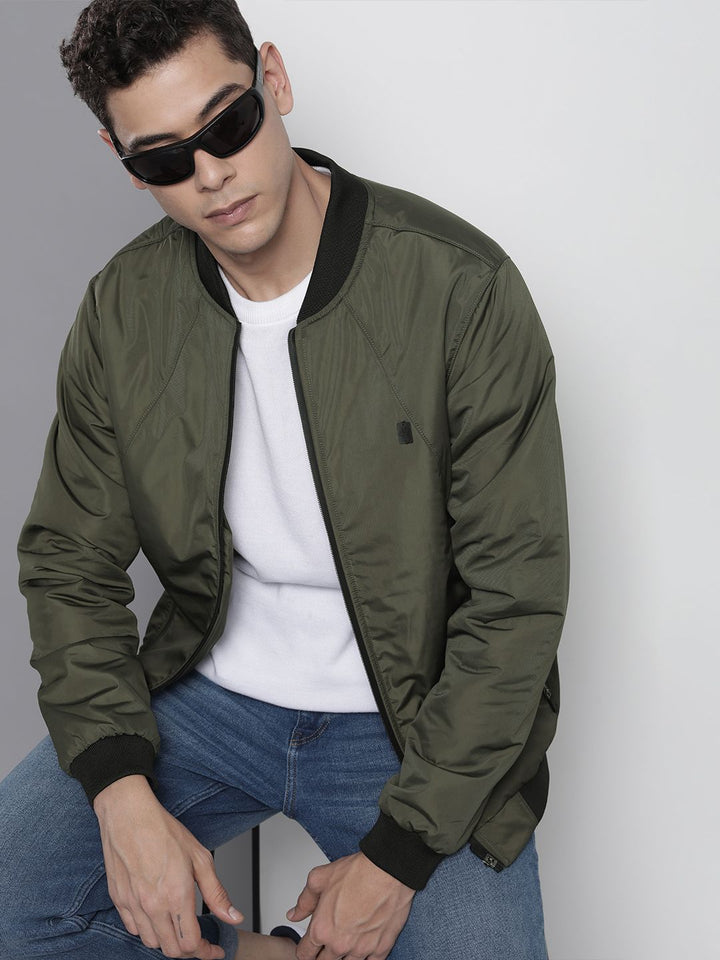 The Indian Garage Co Men Slim Fit Zip-Front Bomber Jacket with Zip Pockets