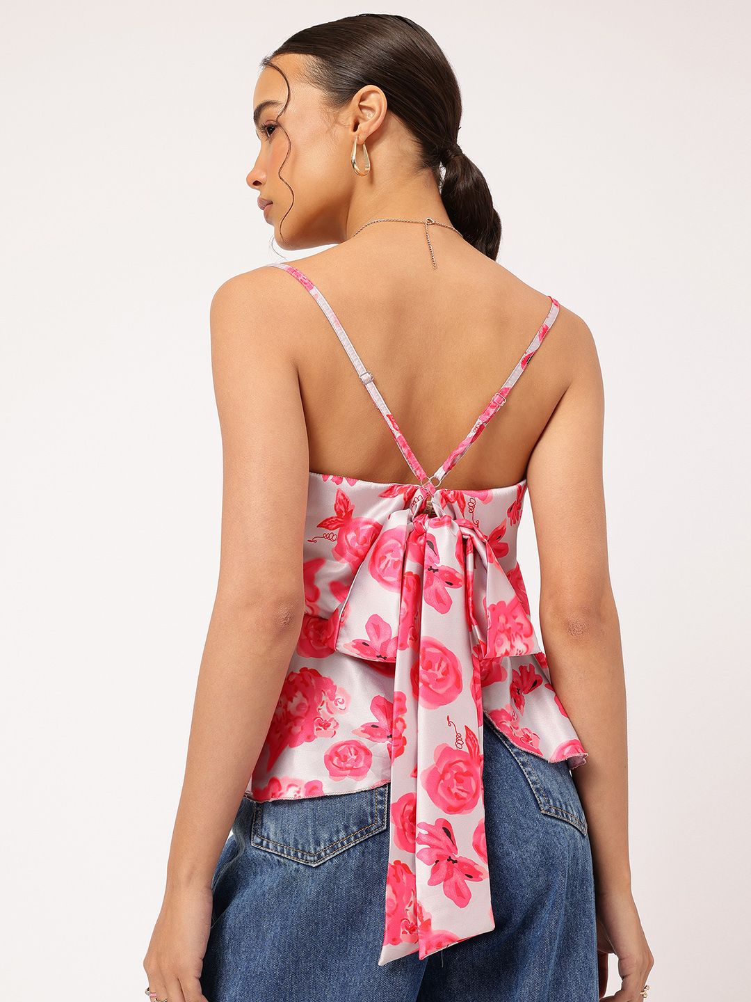 DressBerry Radiant Roses Satin Bow Tie-Up Ruffled Hem Top