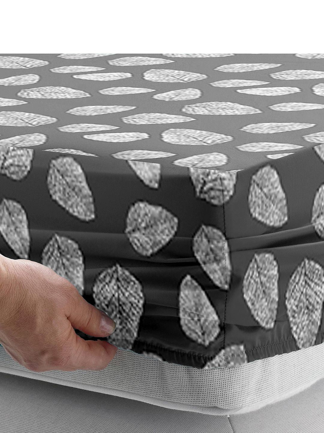 Story@home Dark Grey & White 180 TC Floral Queen Fitted Bedsheet With 2 Pillow Covers