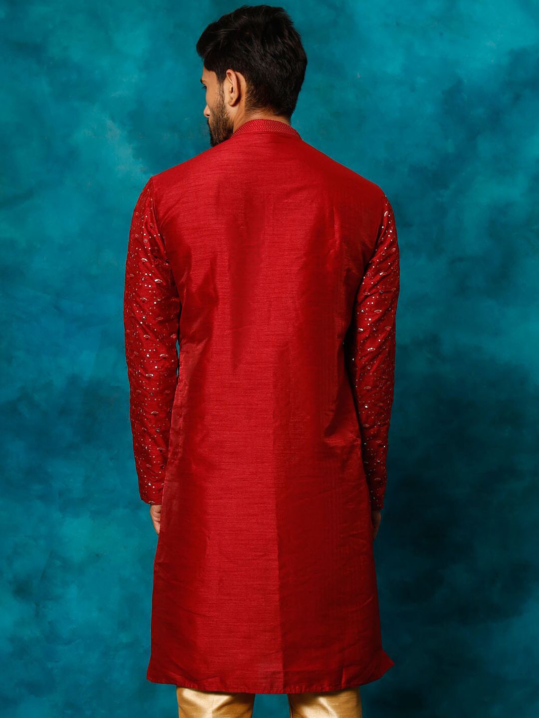 VASTRAMAY Embellished Mirror Work Mandarin Collar Straight Kurta