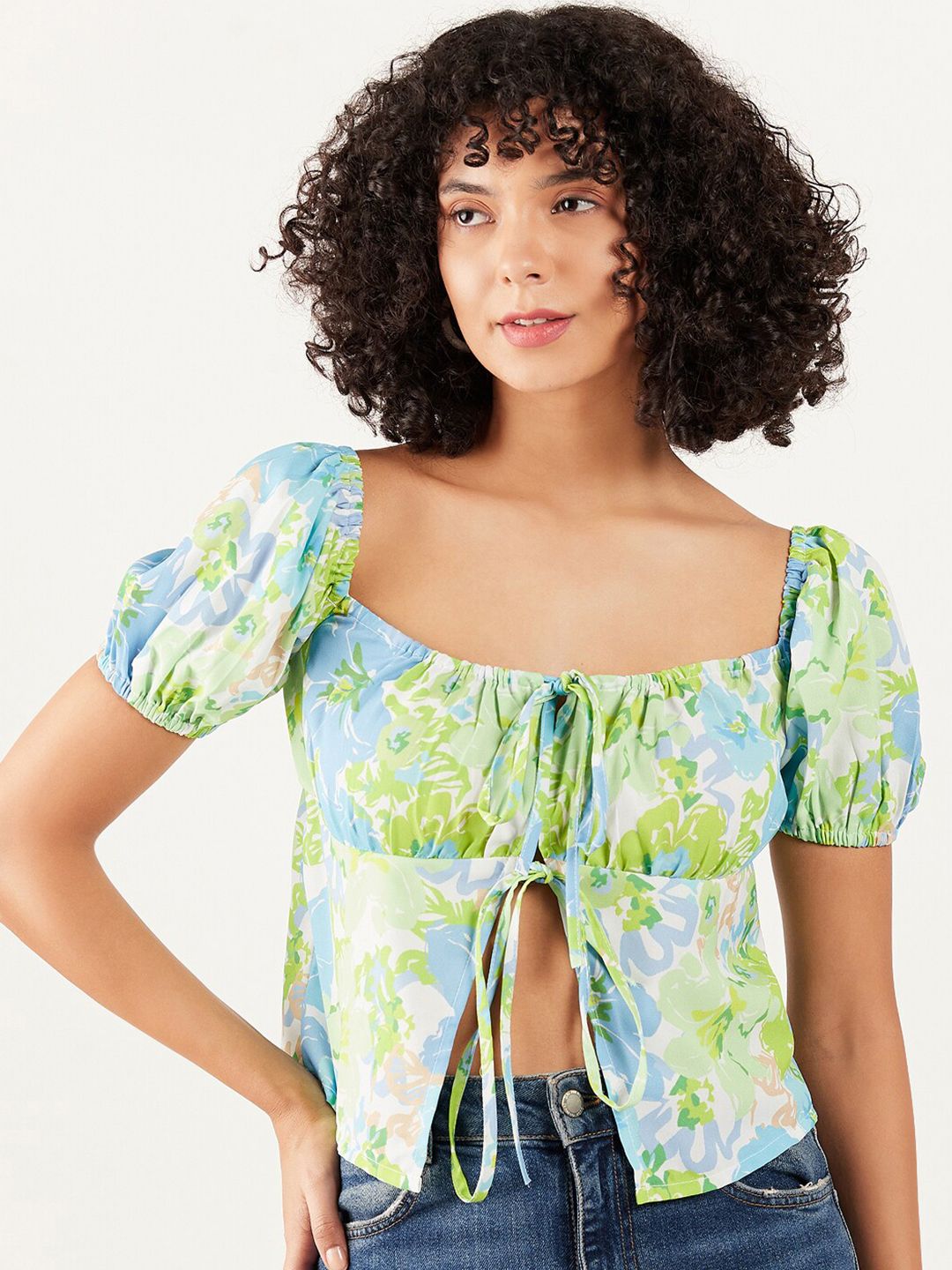Athena Floral Printed Square Neck Puff Sleeve Tie-Up Regular Crop Top