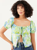 Athena Floral Printed Square Neck Puff Sleeve mengikat bahagian atas tanaman biasa