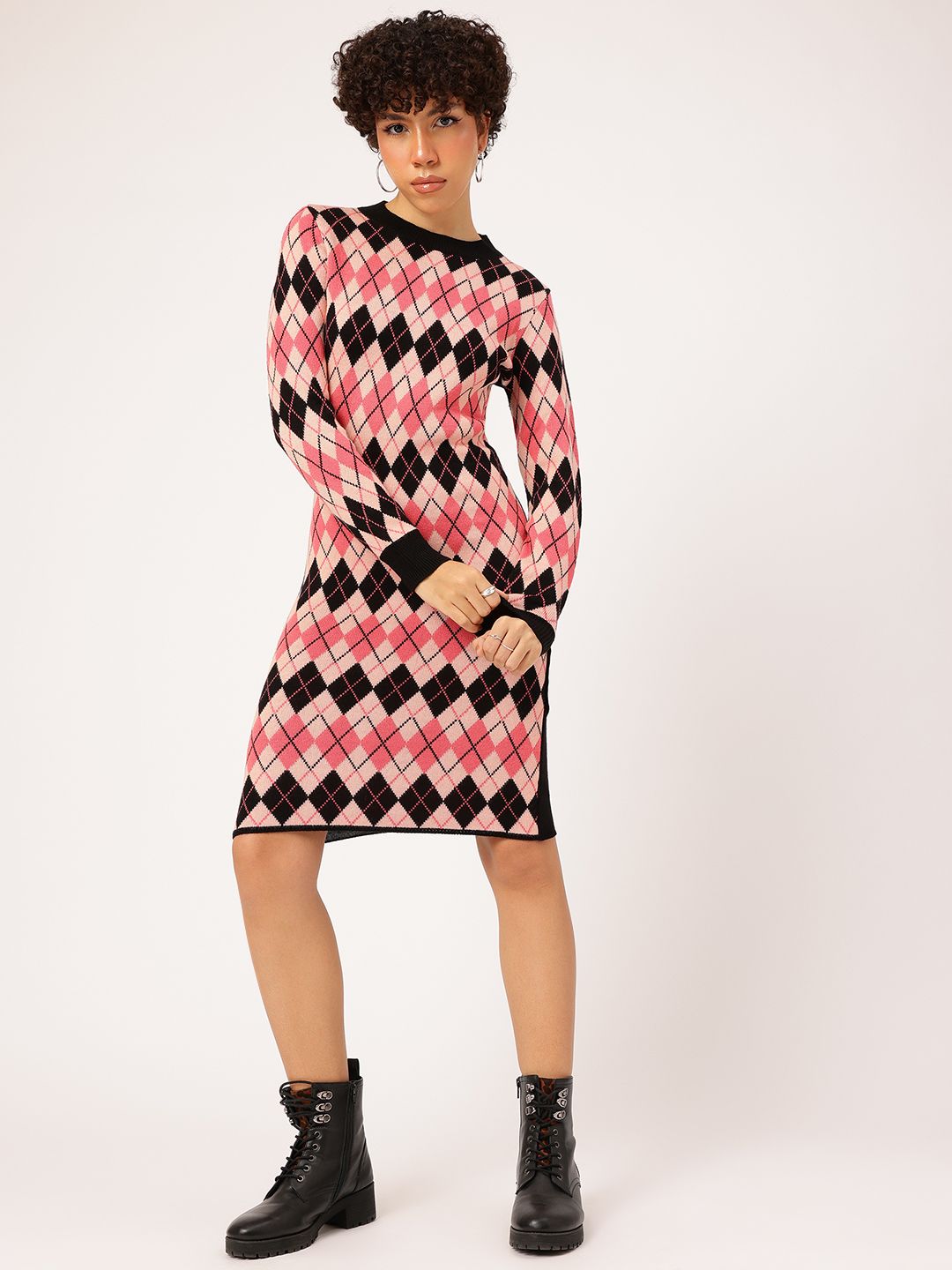 DressBerry Pink and Black Geometric Knee Length Jumper Dress